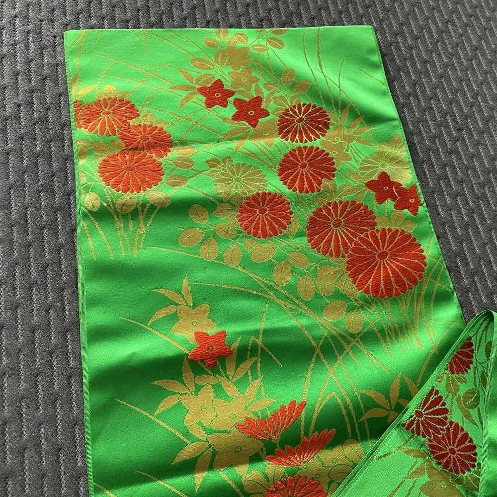 Vintage long Table Runner Oriental Satin Green Orange Floral 14 x 156